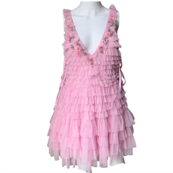 LoveShackFancy Pink Sleeveless v-Neckline Minya Mini Dress Size 4 - Picture 8 of 12